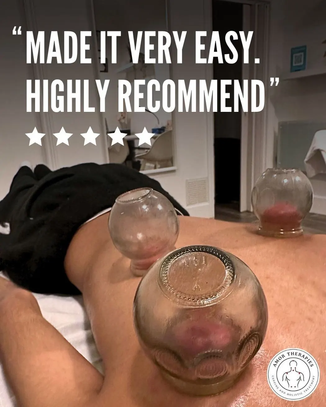 Five star client review over a live cupping session at Amor Therapies